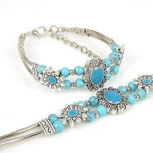 Classical Beaded Turquoise Bangle Bracelet Retro Vintage Style Women Wrist Jewel
